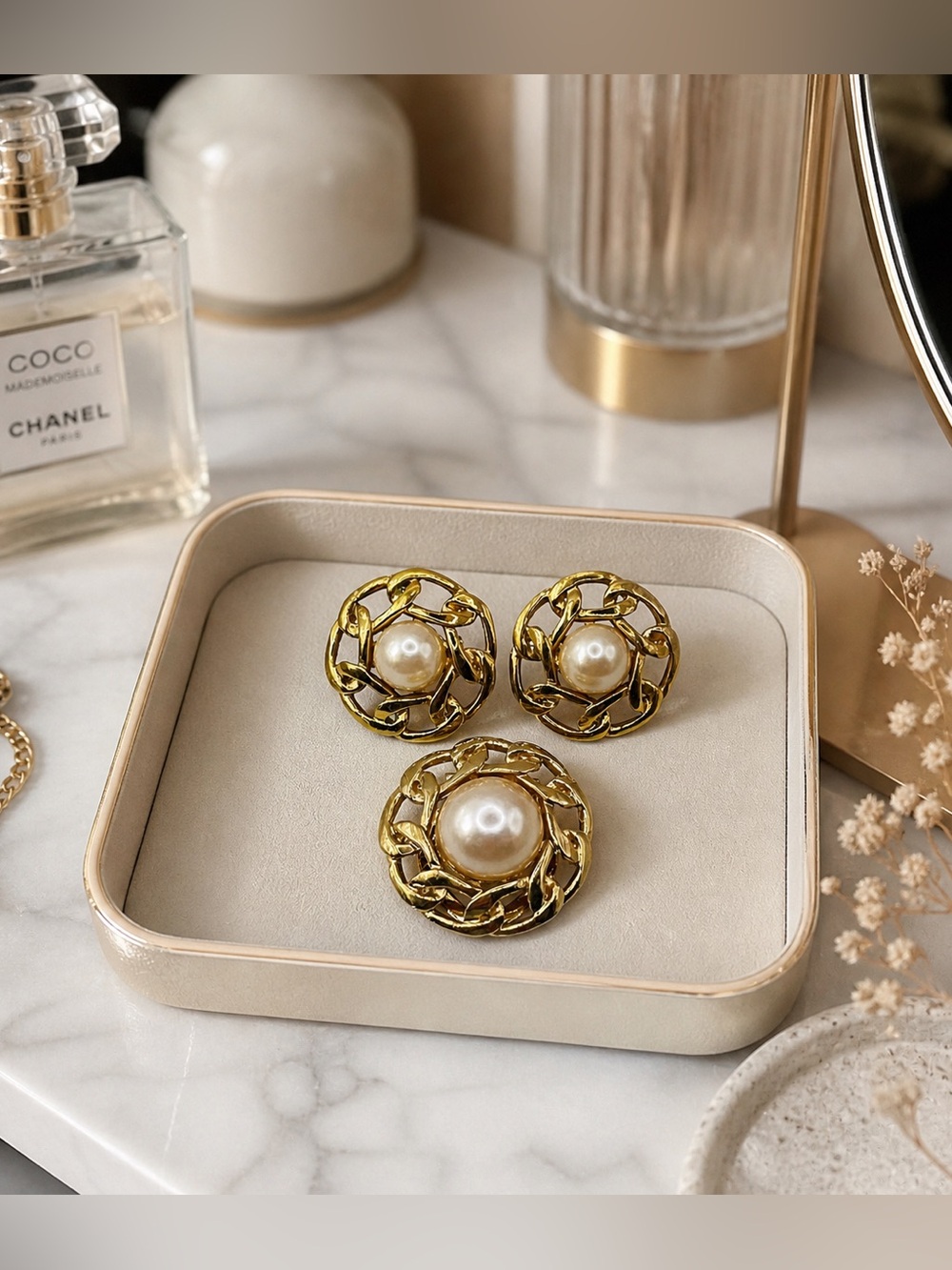 Vintage Butler Gold Tone Pearl Scarf Ring & Clip Earrings Set